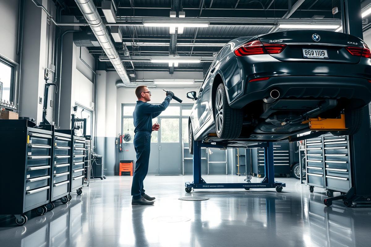 Mechanic working on a vehicle raised on a lift inside a clean auto repair shop