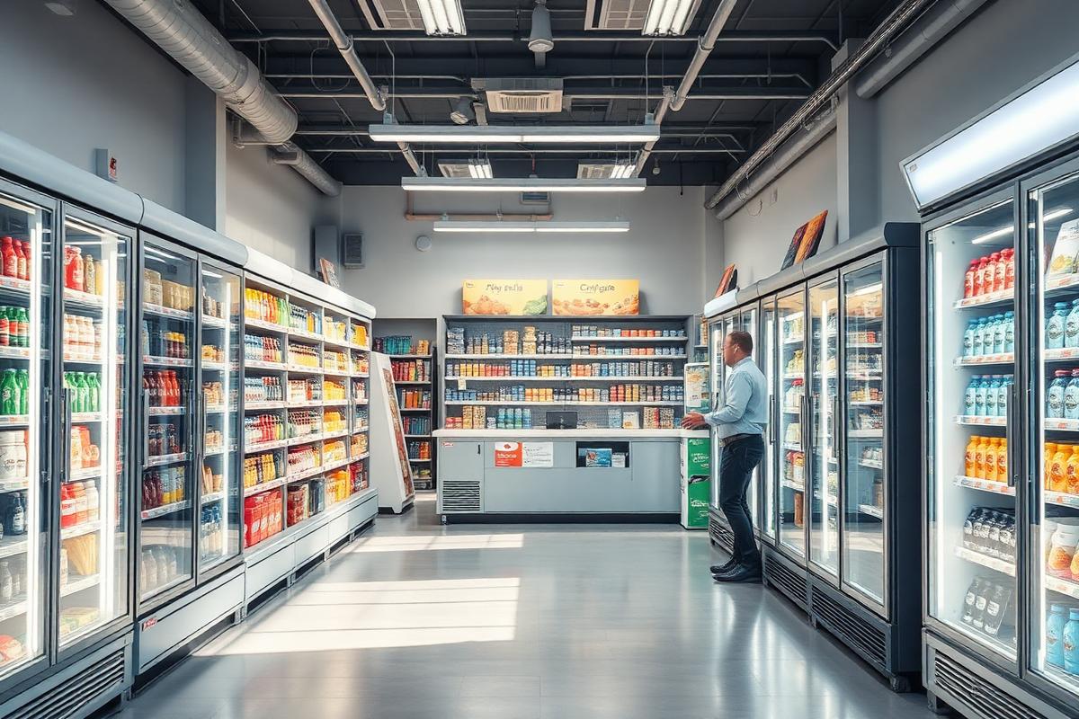 Owner restocking coolers inside a bright convenience store