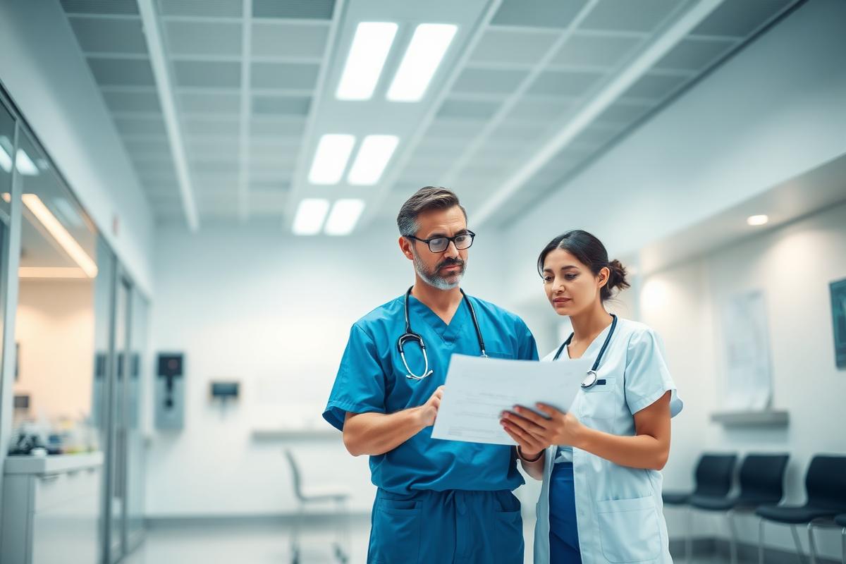 Physician and nurse reviewing patient records in a modern medical clinic