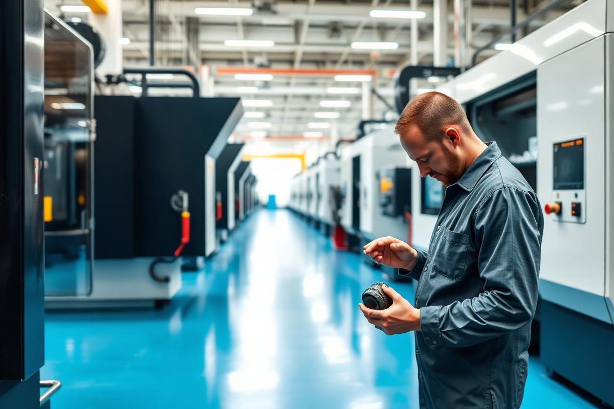 Machinist inspecting a part on a modern CNC manufacturing floor
