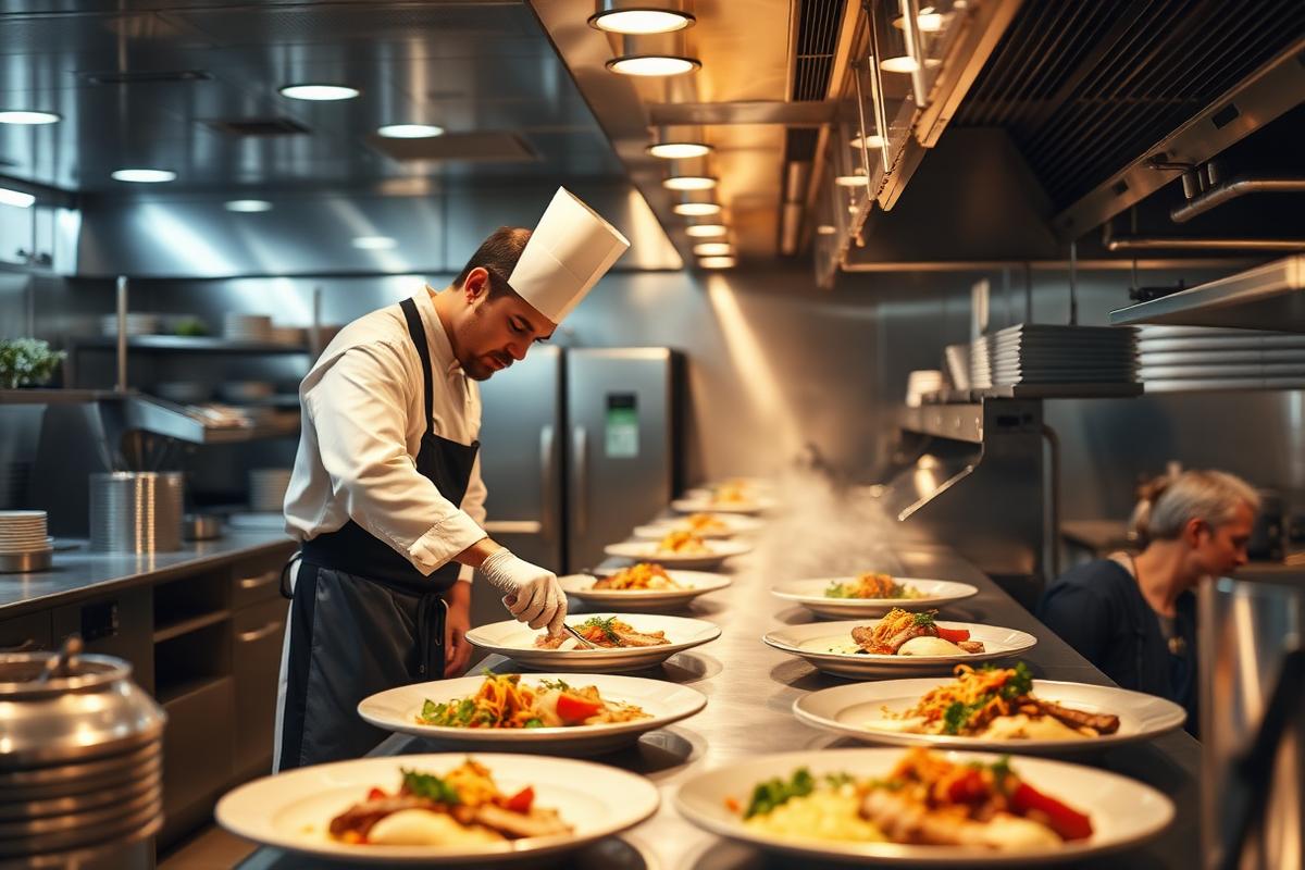 Chef plating dishes in a busy commercial restaurant kitchen