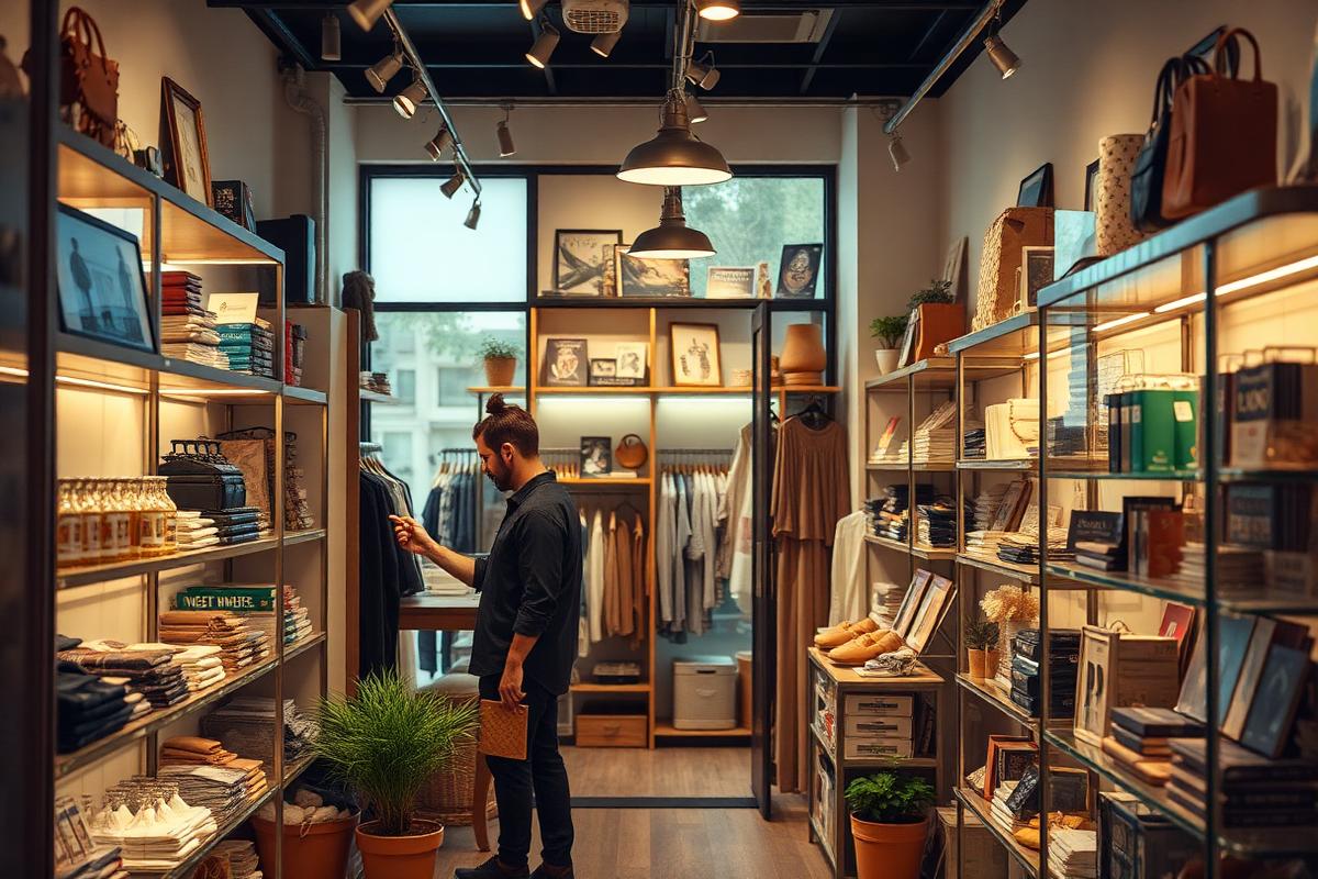 Shop owner arranging merchandise inside a boutique retail store