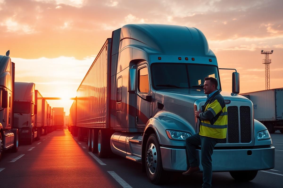 Owner-operator standing beside a semi truck at a logistics terminal at sunrise